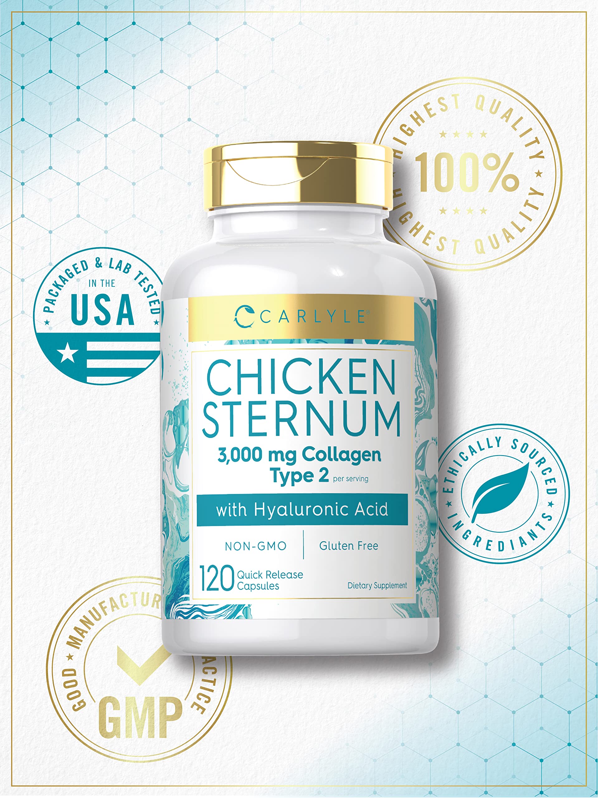 Carlyle Chicken Sternum Cartilage Collagen Capsules | Type II 3000mg | 120 Pills | with Hyaluronic Acid | Non-GMO, Gluten Free